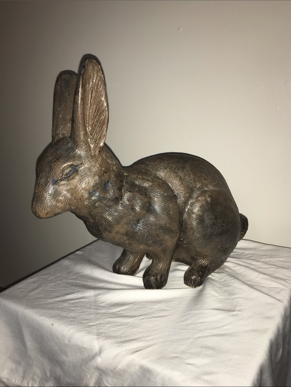 Signed Peter’s Pottery Mound Bayou Rabbit Sculpture Nutmeg with faint blue